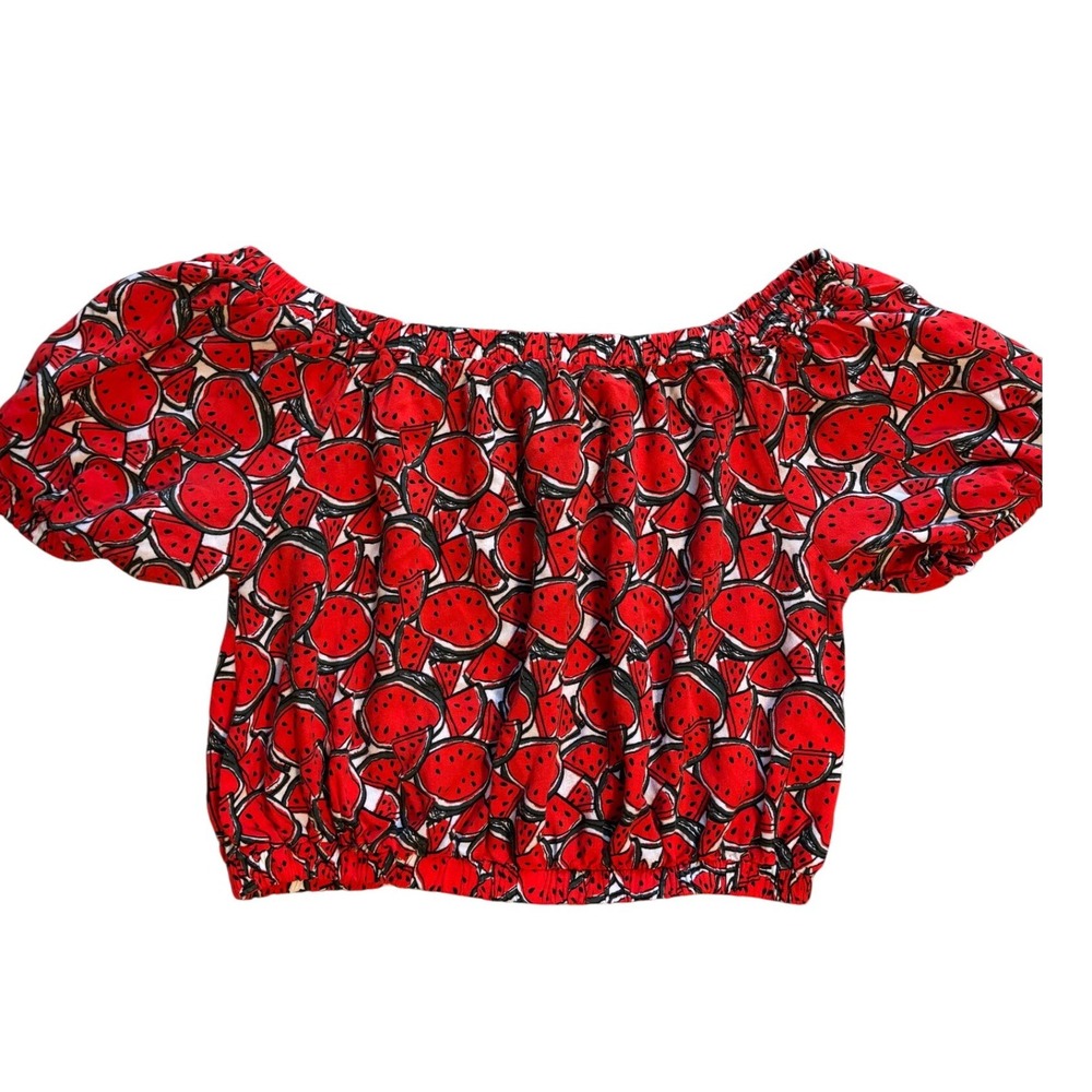 Easy Wear Watermelon Print Off Shoulder Crop Top Women XS Red Excellent Summer